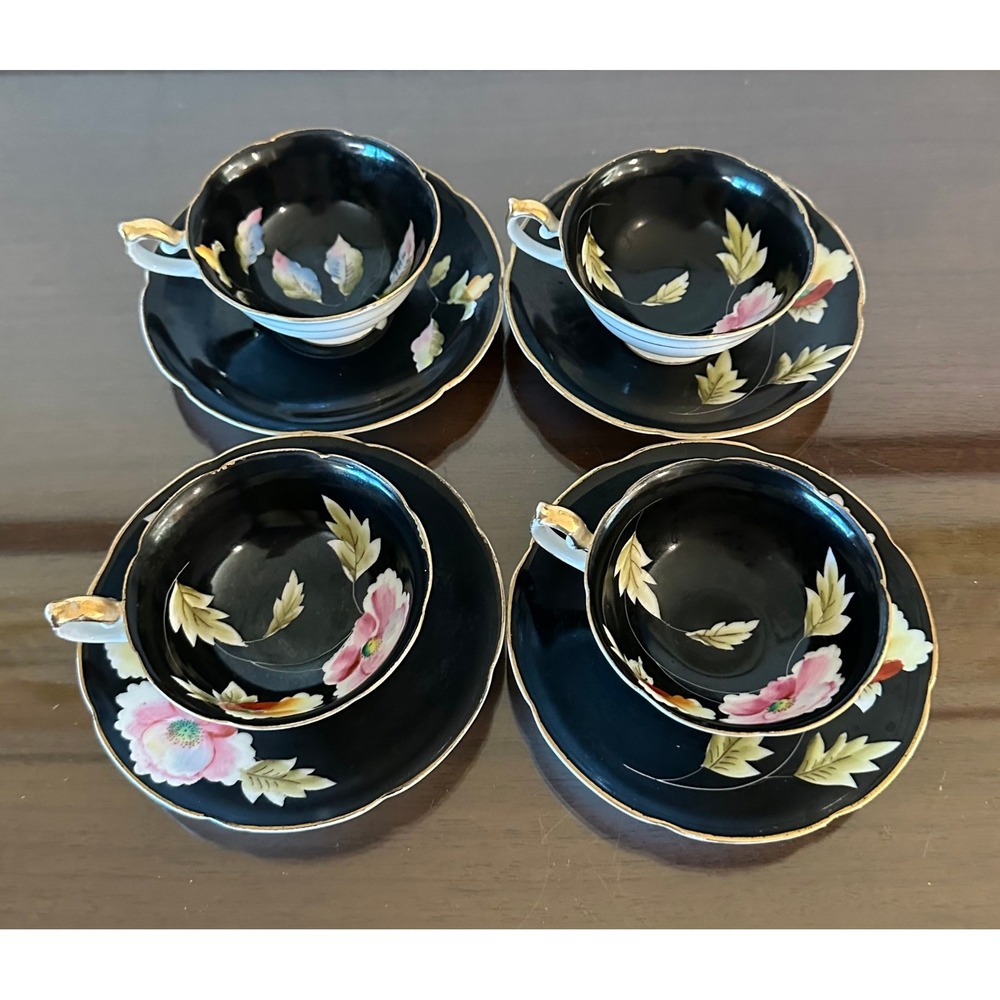 Vintage Chugai China Occupied Japan Tea Cup Saucer Set 8pc Black Floral Gold Rim